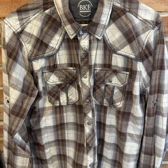 BKE Standard Fit Men's Plaid Western Snap Button Shirt Long Sleeve Sz L - Picture 1 of 9